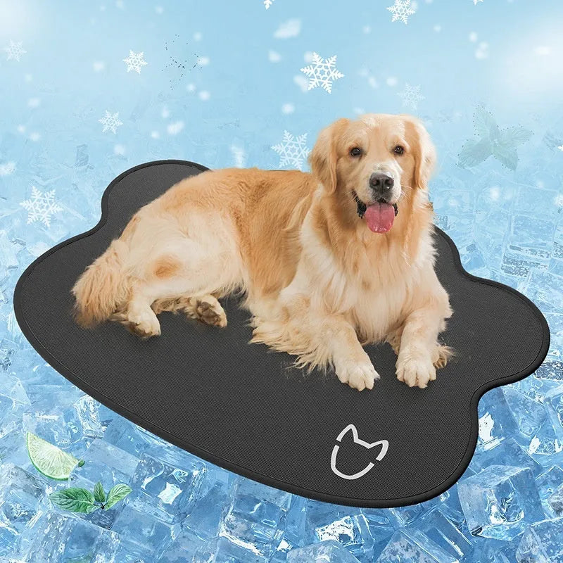 Ice silk dog cooling pad with dog head print, shown in light grey colour on a non-slip base.