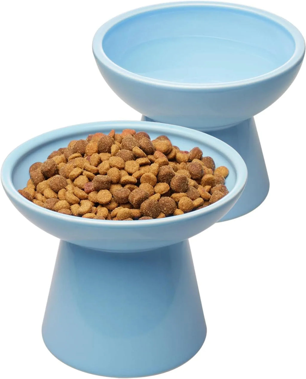 Blue ceramic elevated cat bowl with wide shallow dish and 12cm height for whisker-friendly feeding