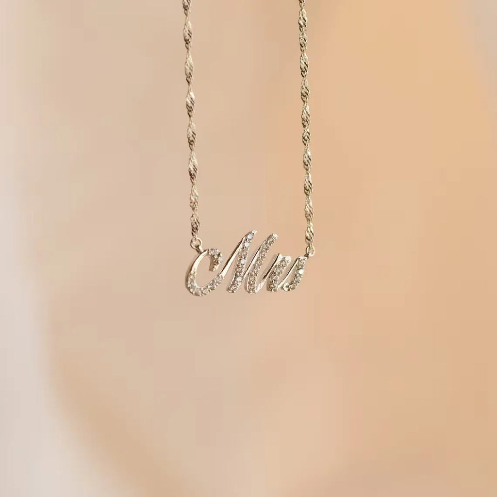 Customised copper geometric name necklace for women in gold finish