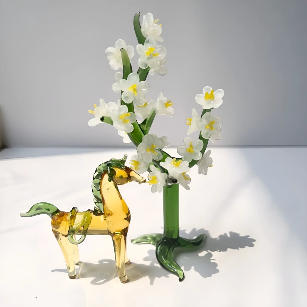 Brown glazed ceramic horse ornament on wooden shelf