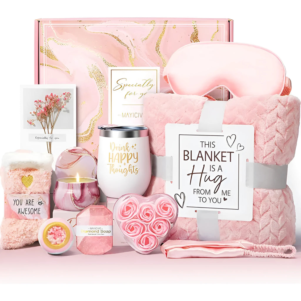 Aromatherapy gift set with candle, soap, and bath products inside a modern plastic storage box.