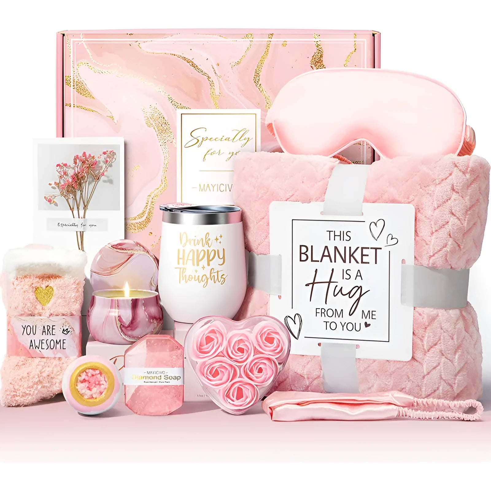 Aromatherapy gift set with candle, soap, and bath products inside a modern plastic storage box.
