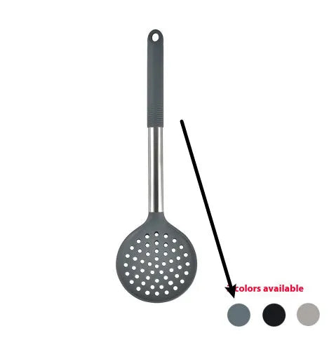 12-piece silicone kitchenware set with rotating storage bucket showing utensils in black, dark grey or khaki colours