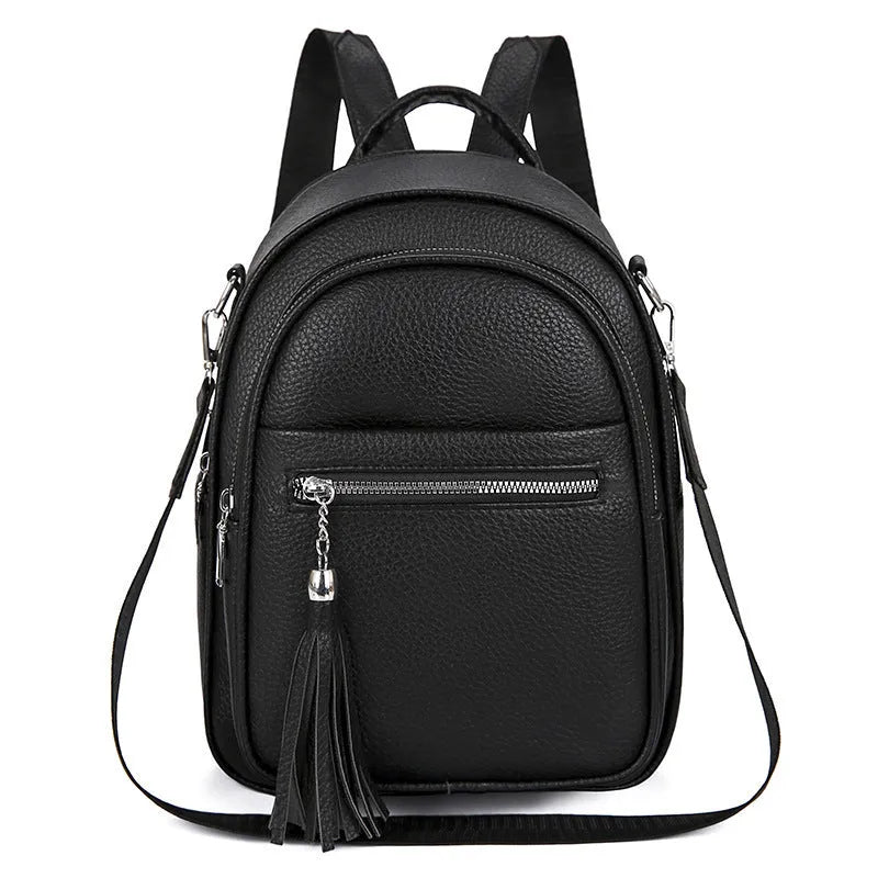 Simple large capacity casual backpack for women in khaki, PU material, with outer pocket and sewing thread detail