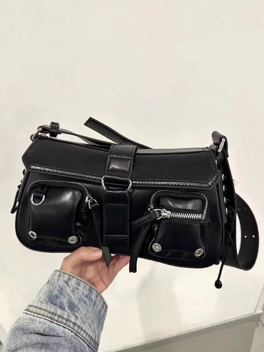 Black PU underarm baguette messenger bag with adjustable strap and zippered compartment