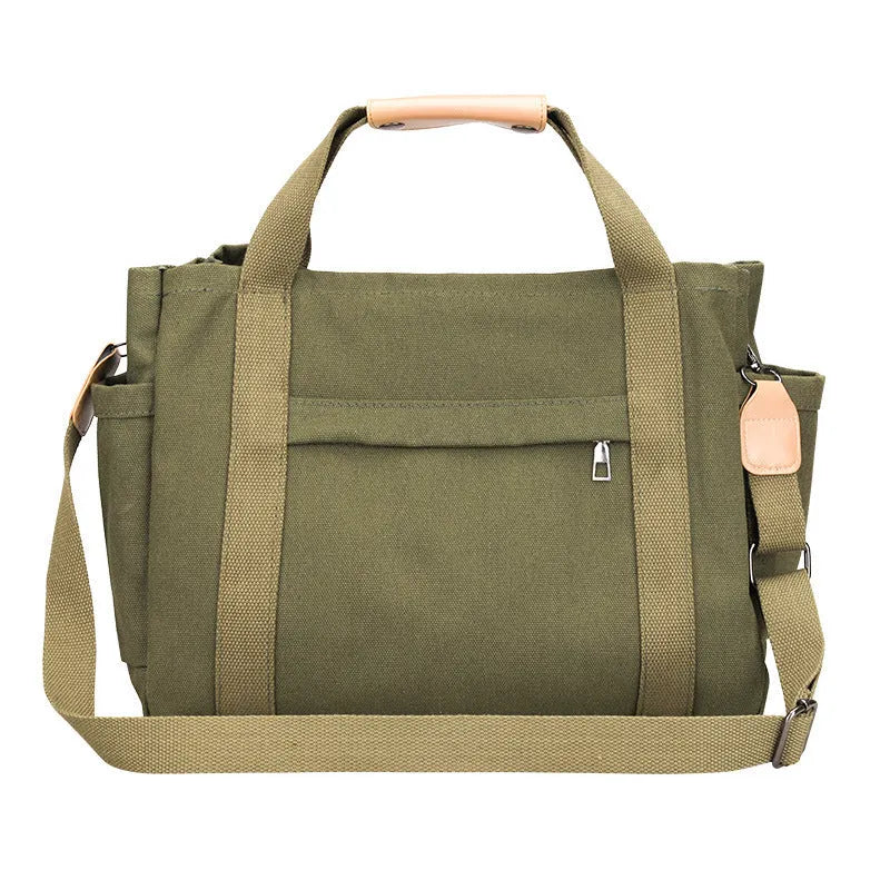 Large capacity canvas tote bag with internal organisers and side zippers in Army Green colour