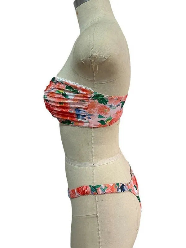 Floral print lace trim bikini set in blue colour, European style swimwear