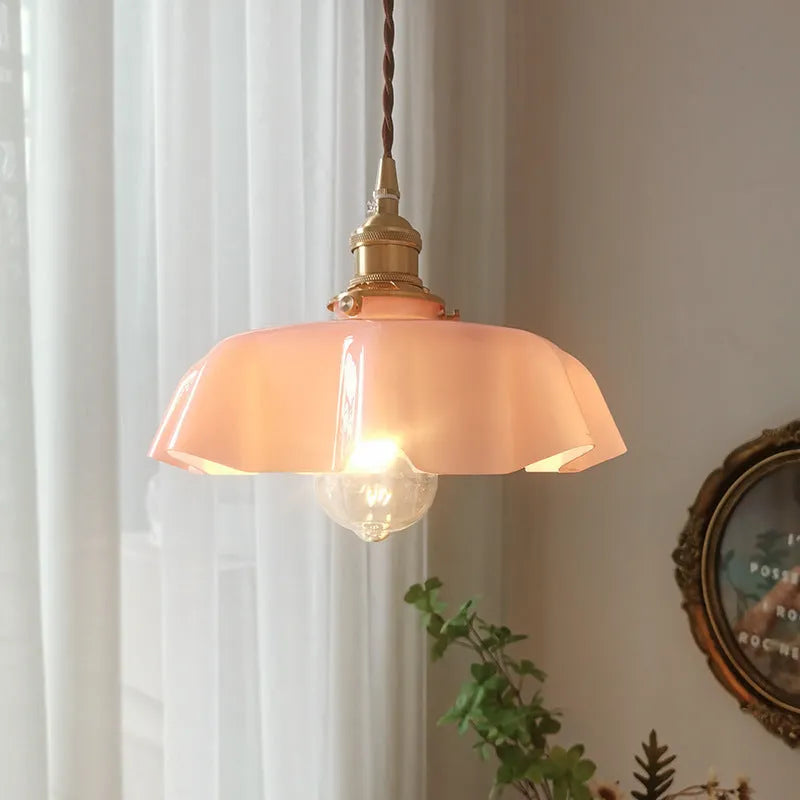 Medieval French brass flower bud cream glass chandelier with adjustable height