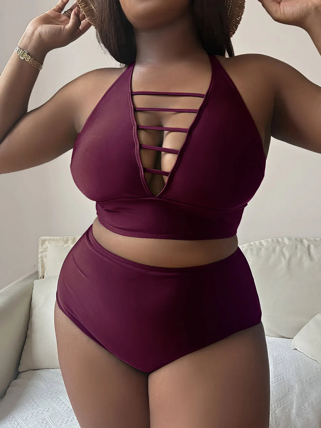 Plus size halter bikini with cross shoulder straps in black, green, or wine red