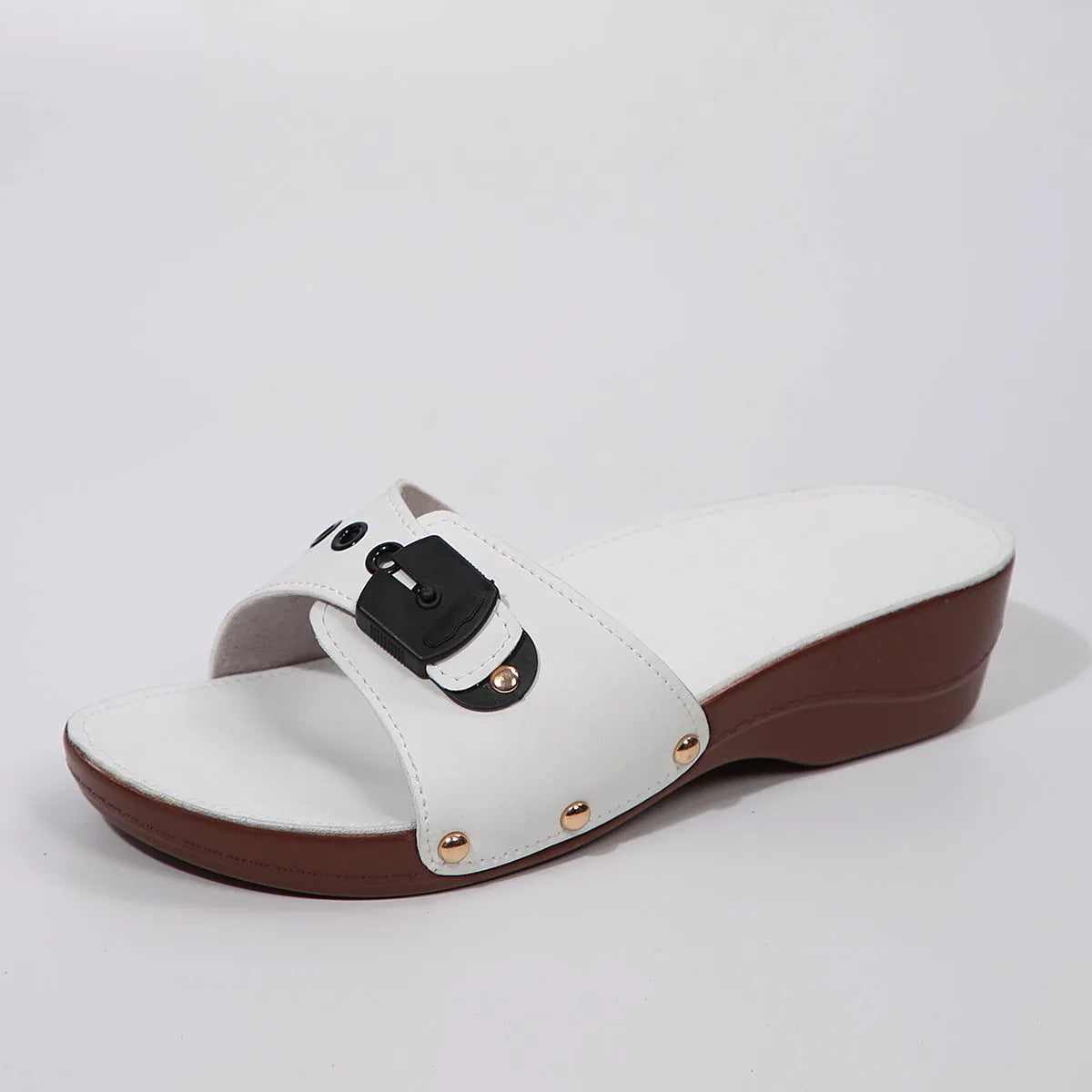 Women's PU leather belt buckle rivet lightweight leisure sandals with fish mouth toe, black colour