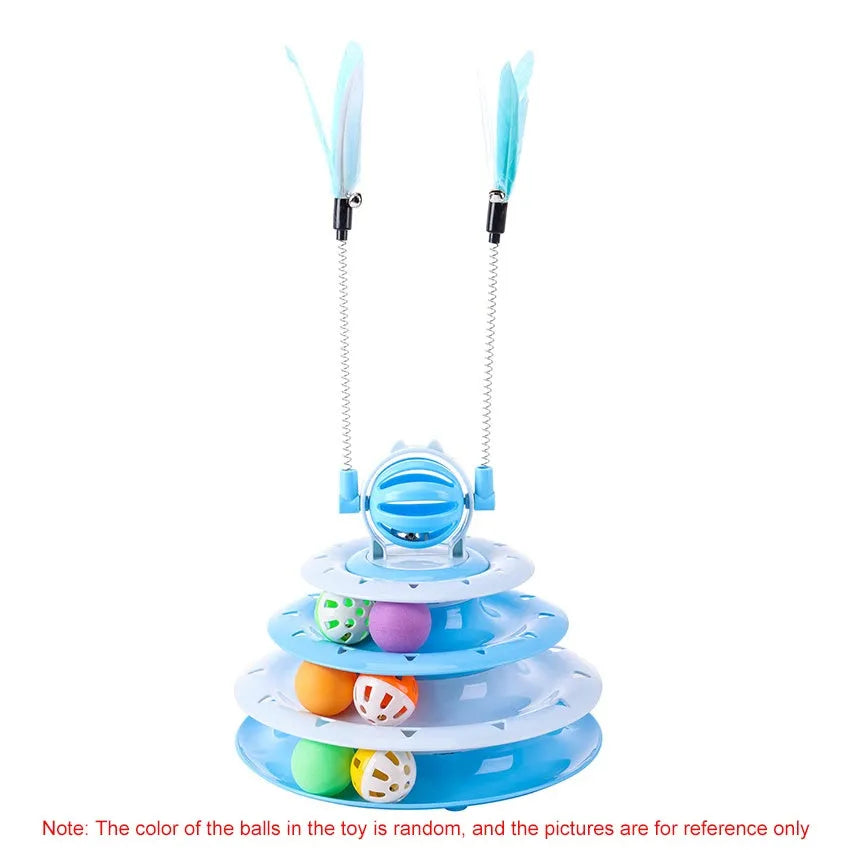 Blue 4-tier interactive cat puzzle toy with balls and teasing rods on a table.