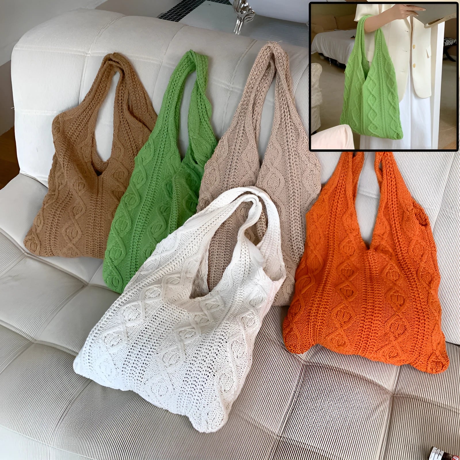 Retro style crochet wool yarn shoulder tote bag with double straps in various solid colours