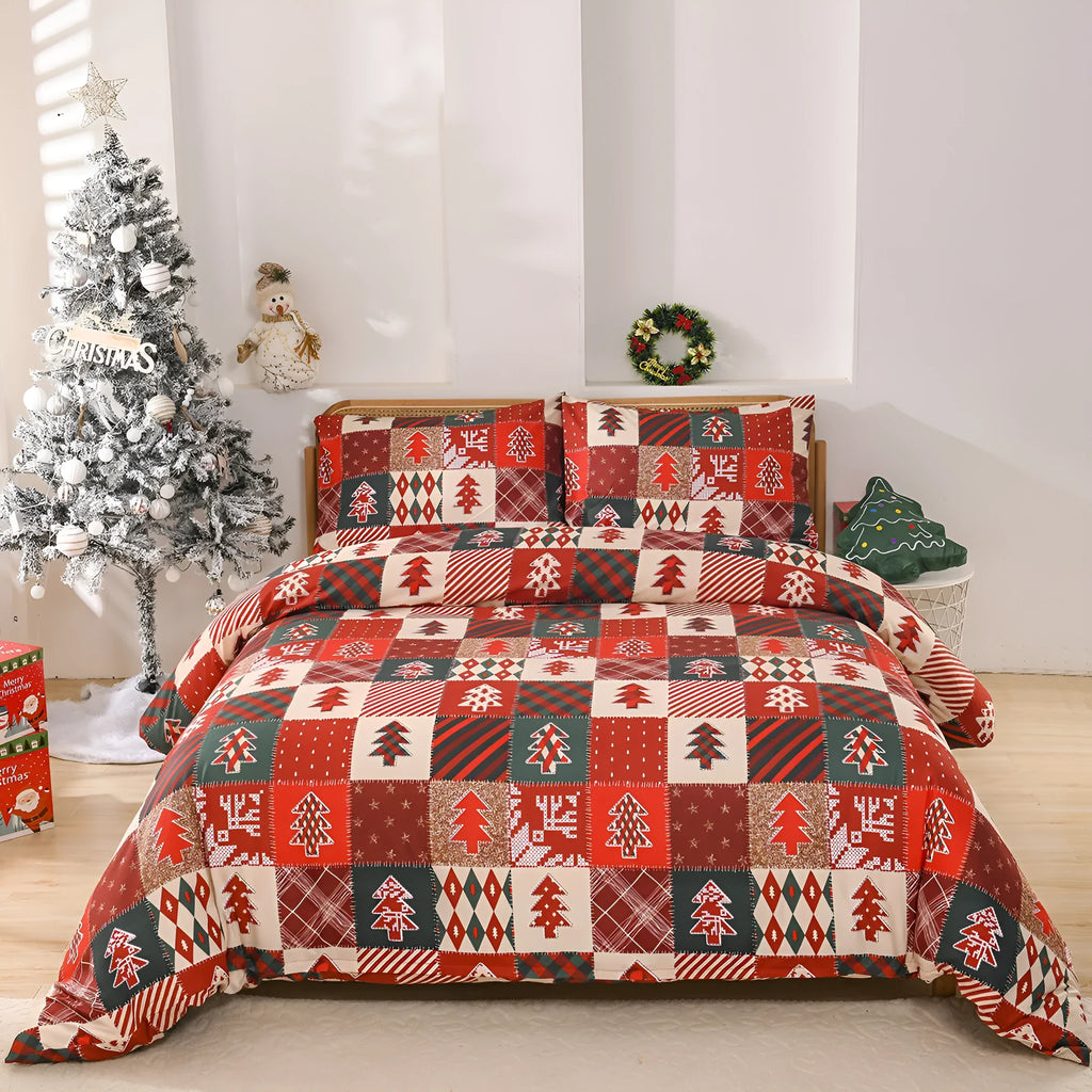 Christmas red plaid pattern European style bedding three-piece set with quilt cover and pillowcases.