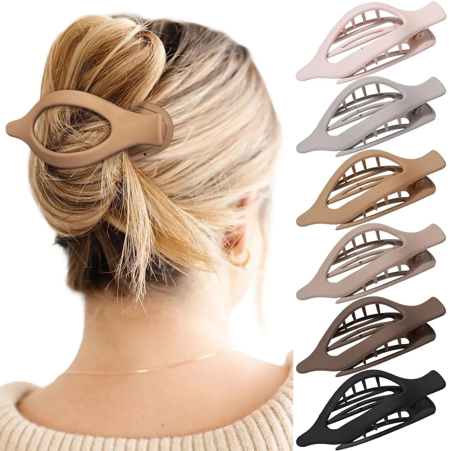 Set of six nude-coloured plastic hair clips with frosted grip finish and quadrilateral shape