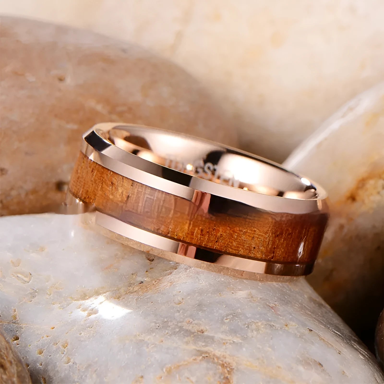 8mm wide Ugyen wood and leather men's ring with U-shaped band in rose gold or steel finish