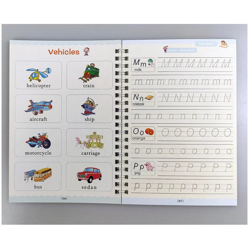Magic calligraphy copybook set for children with stylus pen and refills, showing square slot design.