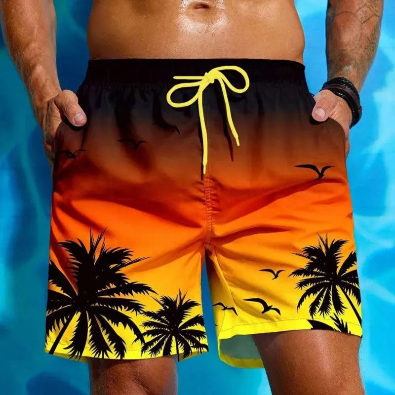 Man's ethnic style loose fit swimming trunks in a solid colour on a neutral background.