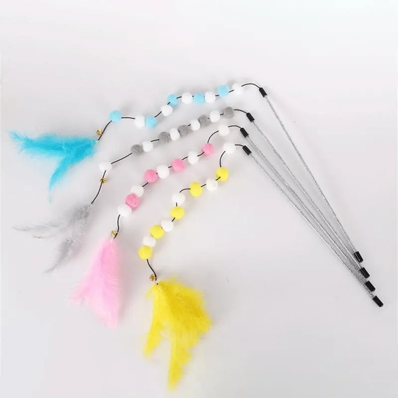 Colourful cat teaser stick with acrylic pompons, feathers, and bell on 31cm lightweight rod