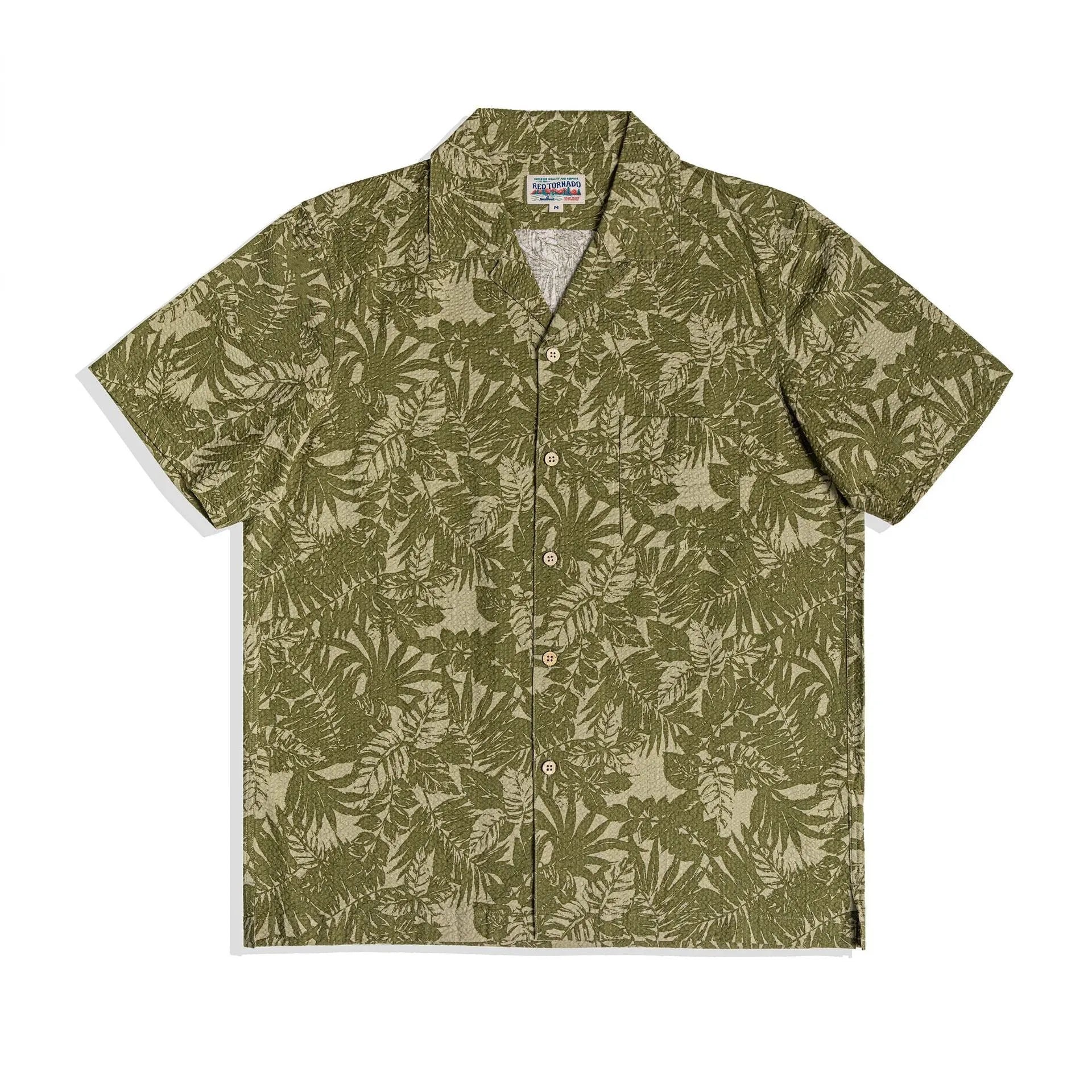 Vintage floral printed seersucker shirt with Cuban collar in loose fit, shown in blue and green colour options