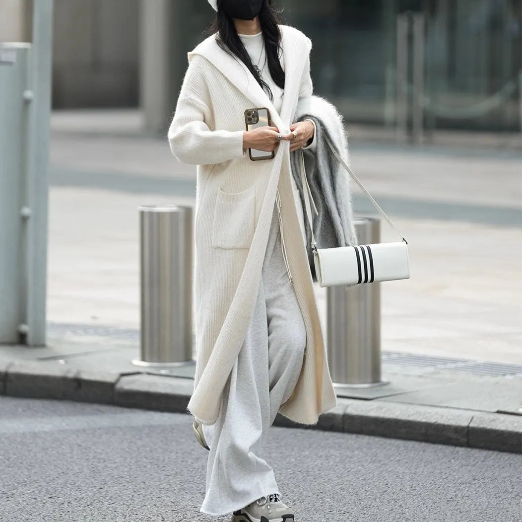 Women's grey knitted cardigan trench coat with hood and regular sleeves