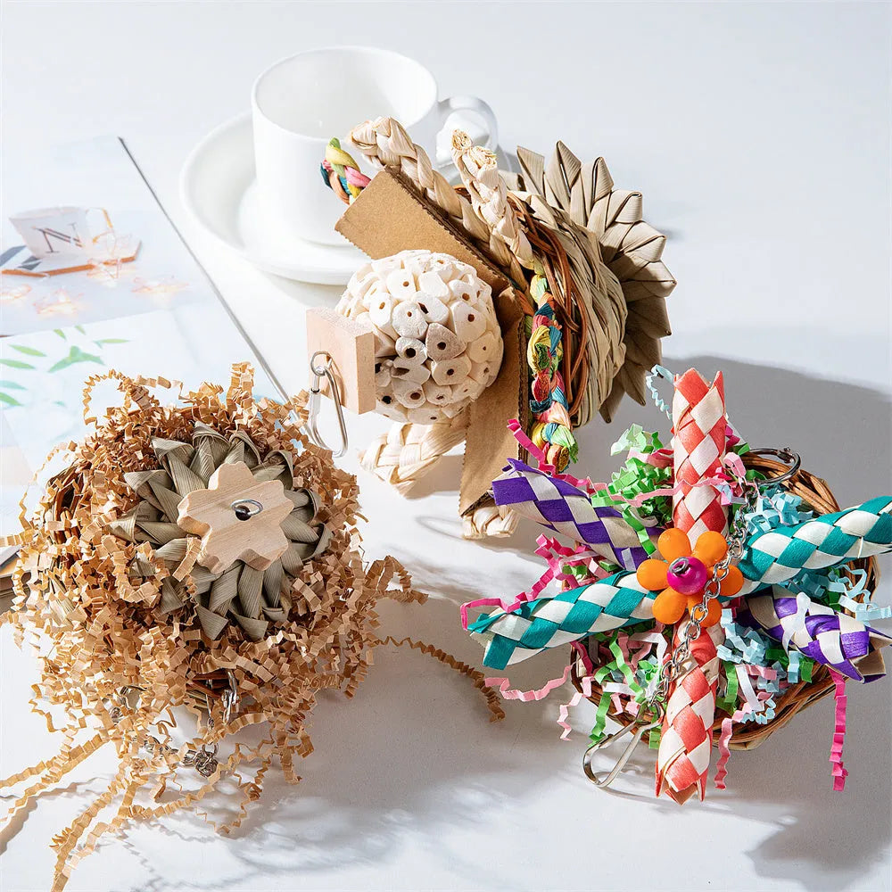 Set of three parrot gnawing molar toys labelled Type A, Type B, and Type C for bird enrichment.