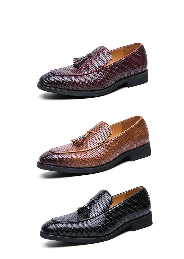 Men's black pointed toe slip on business shoes with tassel decoration on artificial PU leather