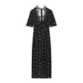 women's lace V-neck patchwork puff sleeve dress in mercerised cotton with stripes and plaid