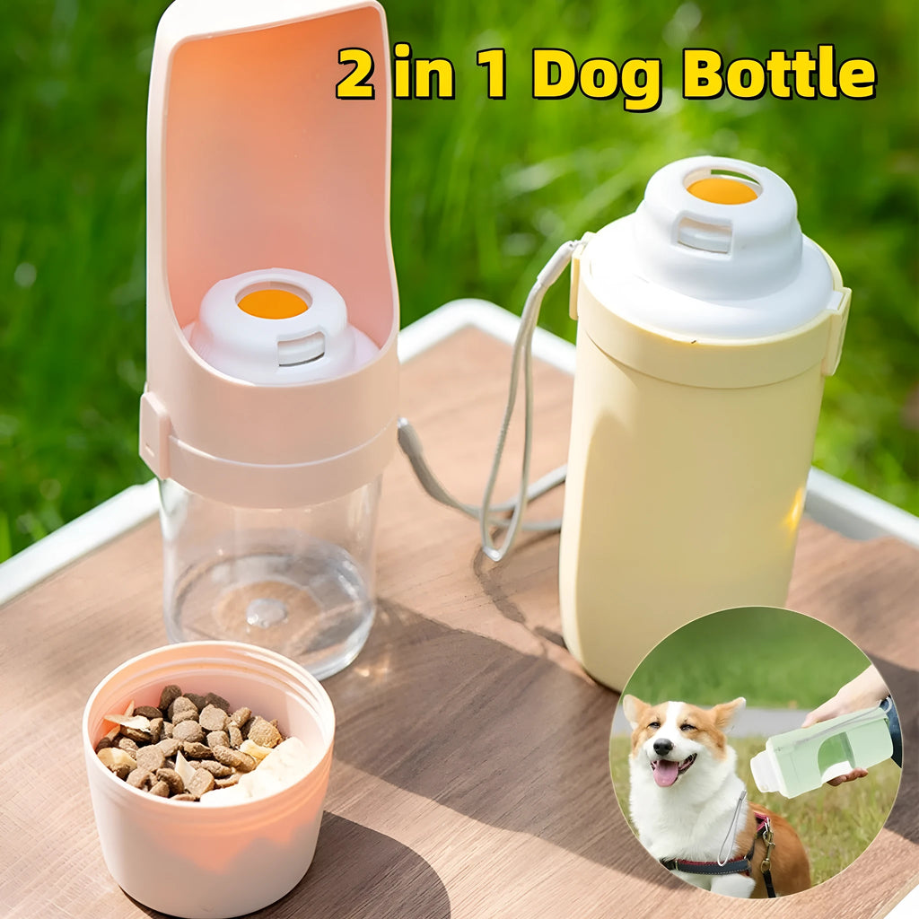 Grey 2-in-1 travel dog water bottle and feeder with lanyard, showing water and food compartments