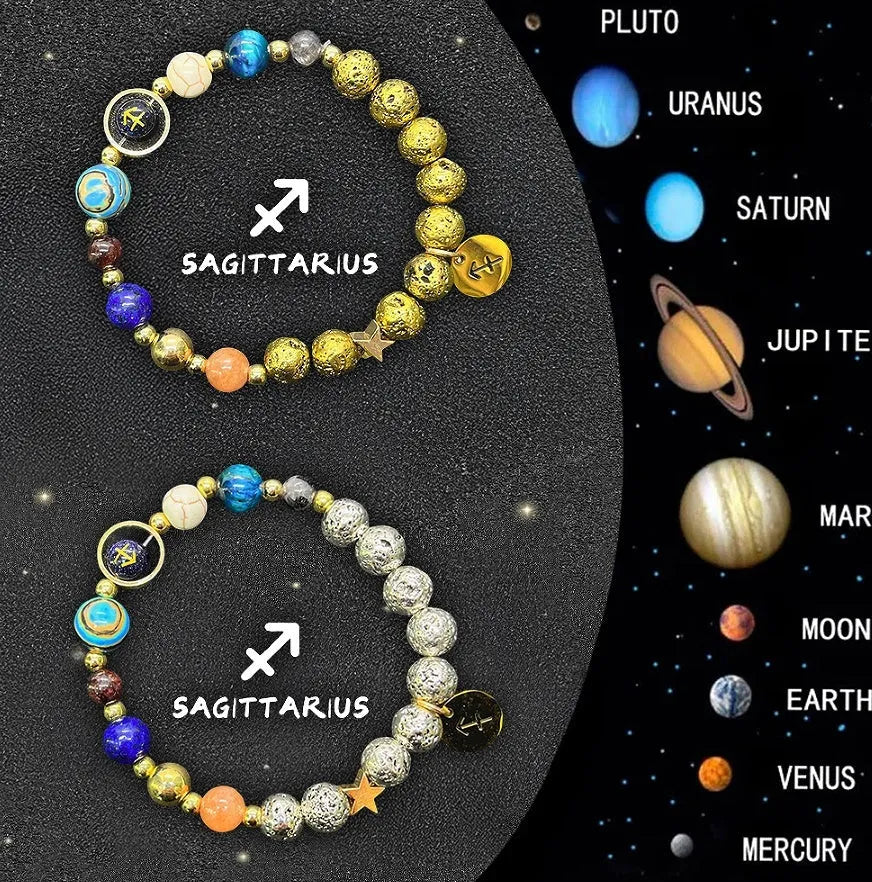 Set of two natural stone beaded bracelets with Zodiac sign charms on a dark background.