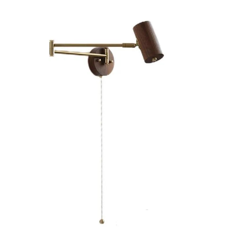 Retro-style wall lamp with a long, rotating arm and classic lamp head, shown in a wood finish with a visible wall switch.