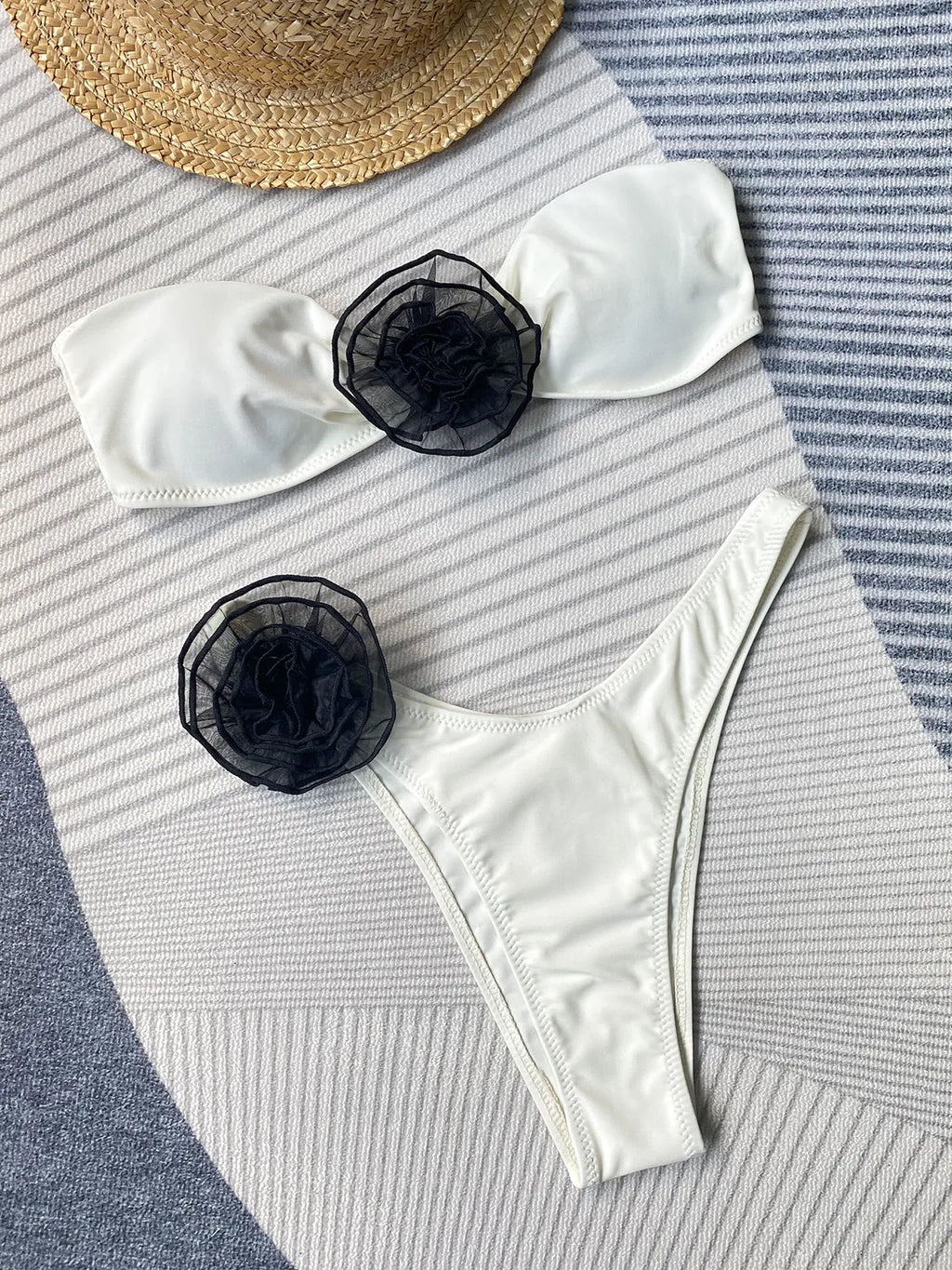 Floral split bikini swimsuit with adjustable tube top in striped colour option