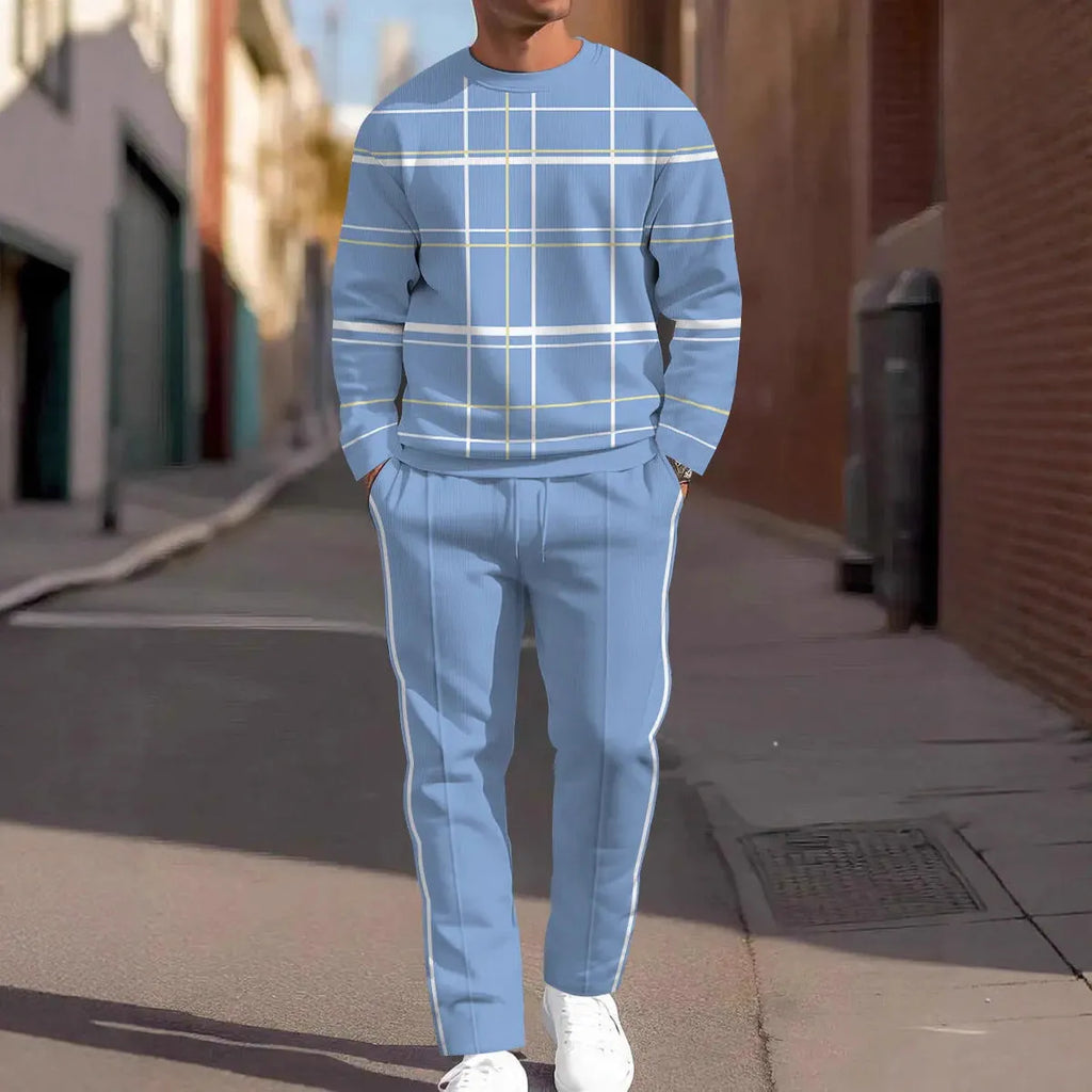 Men's autumn casual 3D digital print round neck polyester sweatshirt and sweatpants set, long sleeves, multiple colour options
