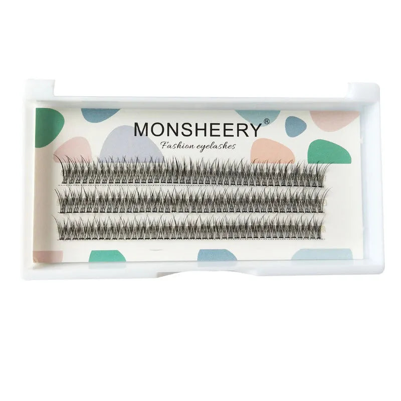 Black V-shaped fairy fishtail false eyelashes with thick segments, shown in graded lengths from 8mm to 12mm