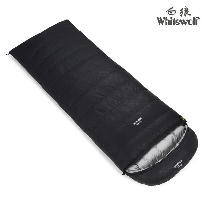 Black outdoor down sleeping bag with envelope structure for adults, shown with white goose down filler.