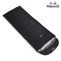 Black outdoor down sleeping bag with envelope structure for adults, shown with white goose down filler.