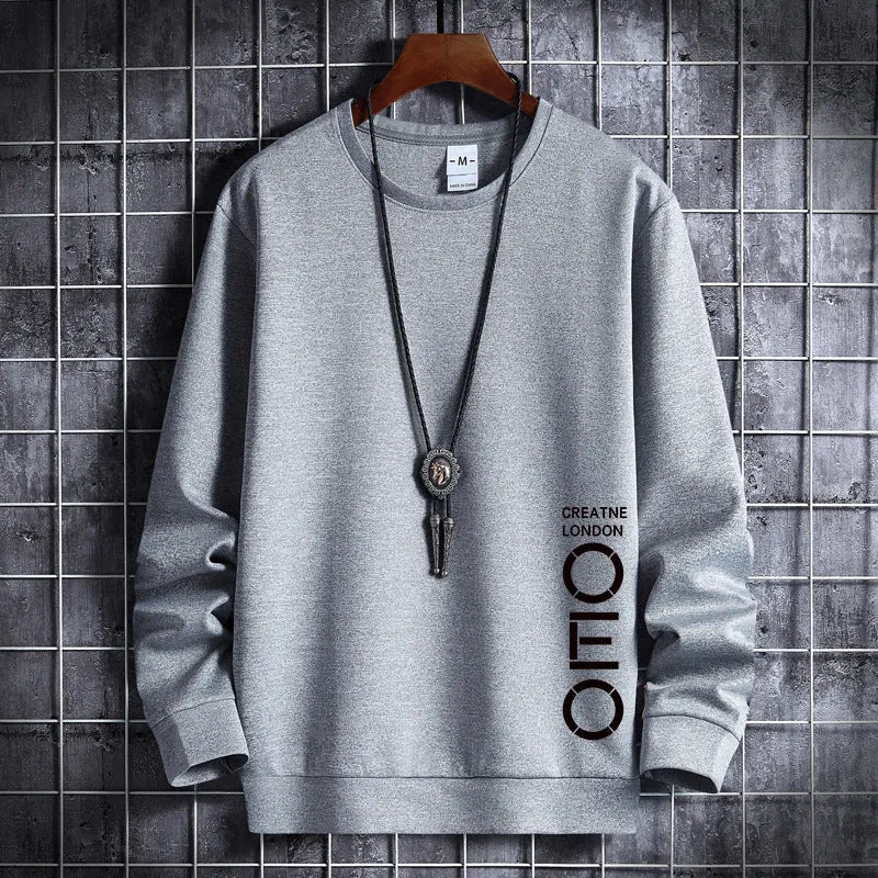 Men's thin round neck sweater in light grey, Korean hipster pullover style, cotton-polyester blend, front view