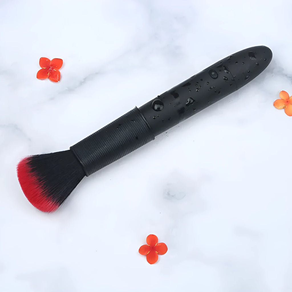 Women's beauty vibrator cosmetics brush massage toy in black with USB recharge port and one-button control
