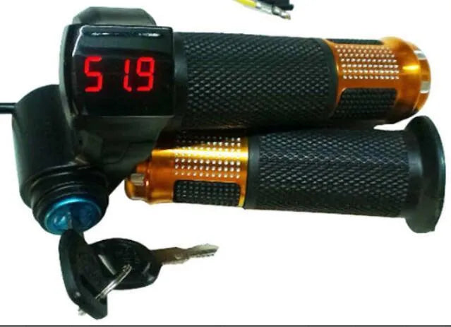Electric vehicle handlebar control section in blue, red, silver, or yellow colours with IPX4 waterproof rating