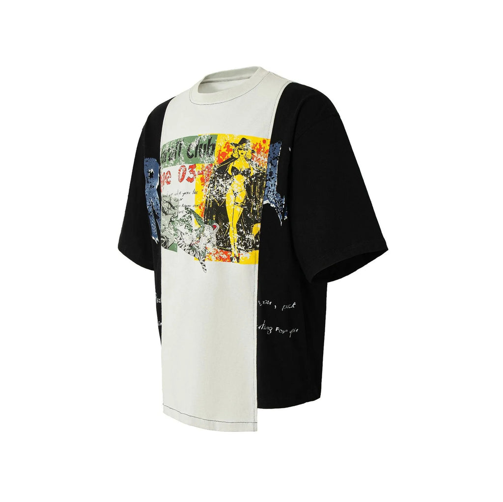Black and white deconstruction print loose fit cotton blend T-shirt for summer streetwear