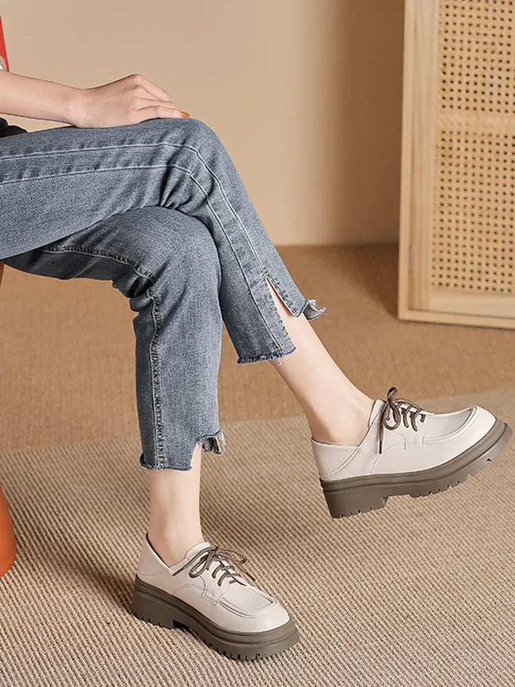 Women's apricot lace-up oxford shoe with 5cm thick heel and superfine fibre upper