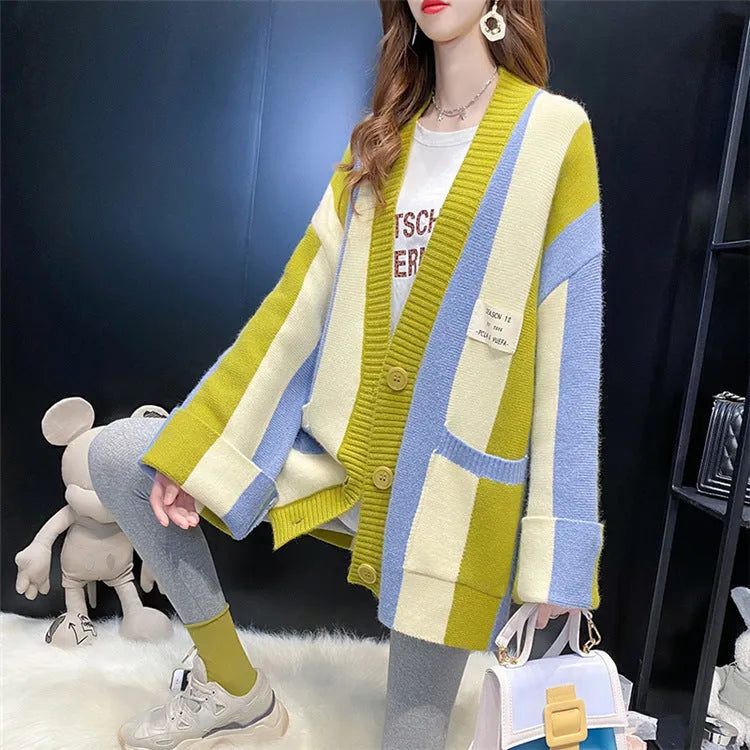 Striped colour stitching knitted cardigan for women, loose fit, long sleeves, available in green pink colourway