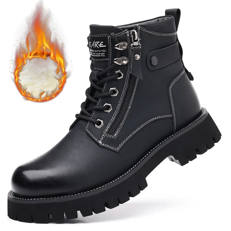 Men's brown leather high-top Martin boots with side zipper and mid heel for height increase