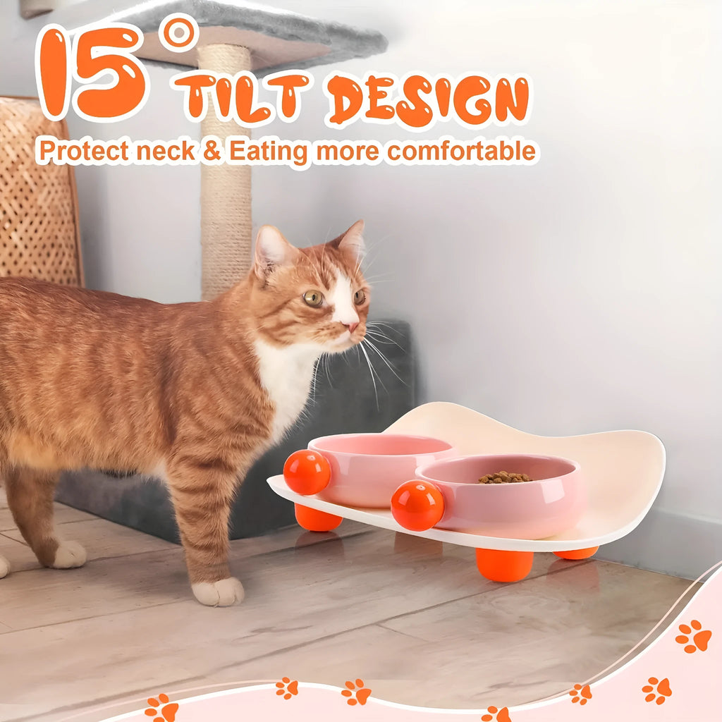 Raised ceramic double pet feeding bowl in pink, yellow, and pink yellow on a non-slip stand.