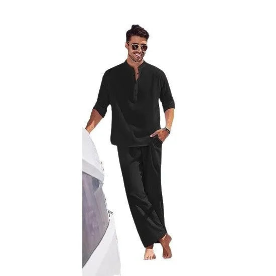 Men's casual cotton trousers suit in a solid colour, showing long sleeve top and matching trousers