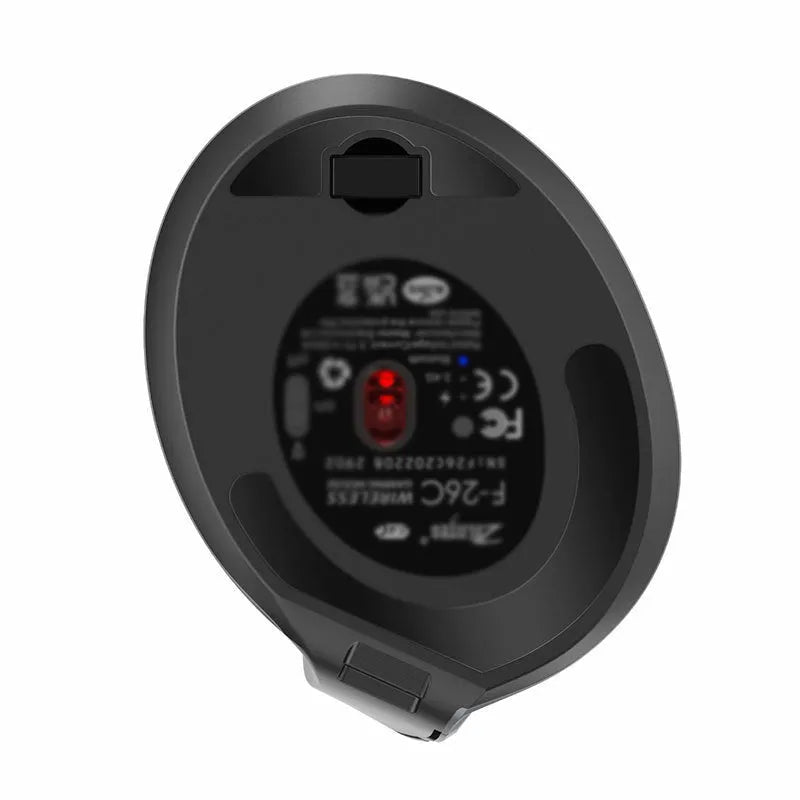 Grey vertical handheld grip Bluetooth wireless mouse for laptops on a desk.