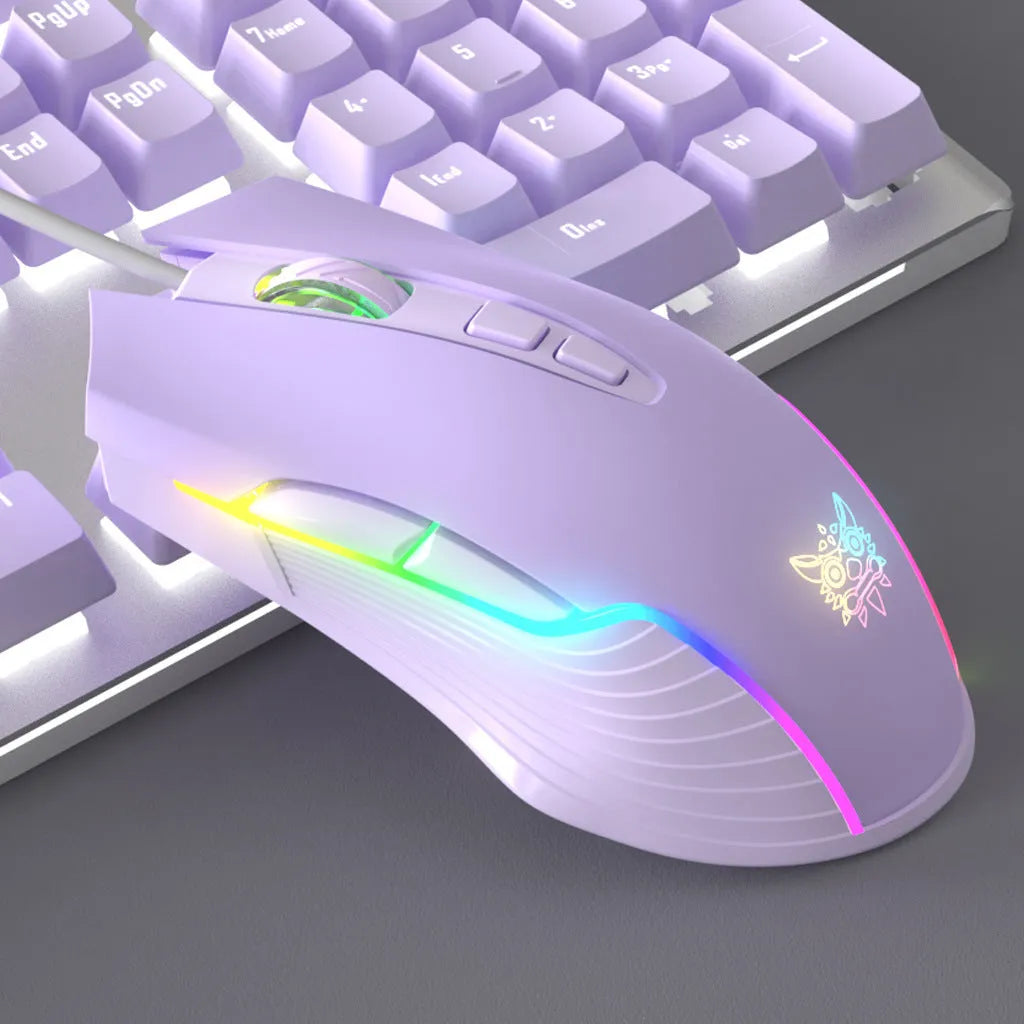 White and purple mechanical keyboard and mouse wired combo set with backlight illumination