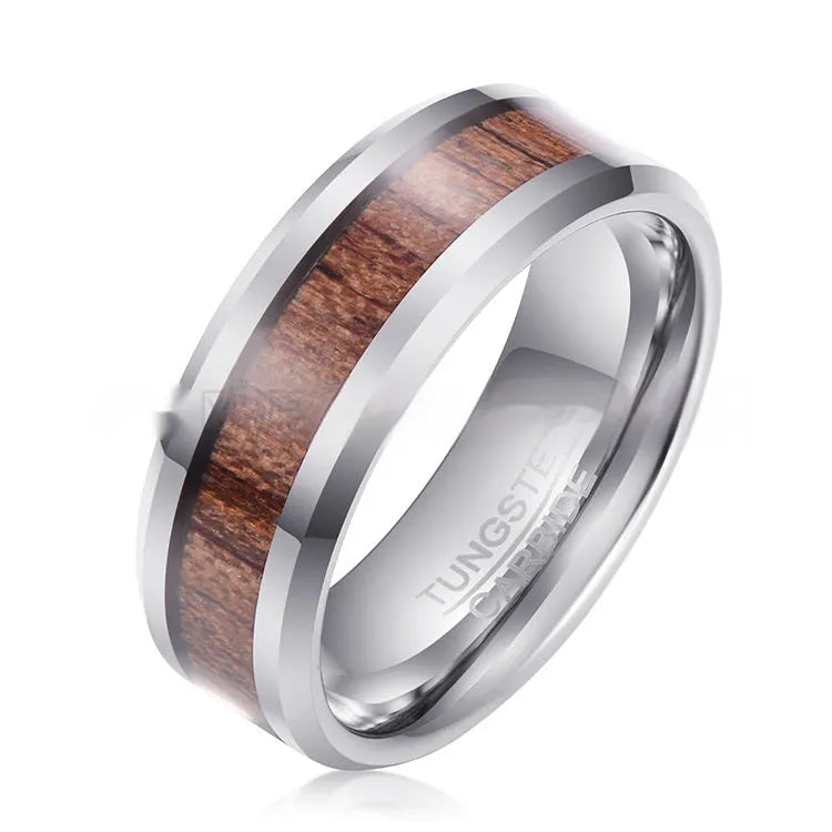 8mm wide Ugyen wood and leather men's ring with U-shaped band in rose gold or steel finish