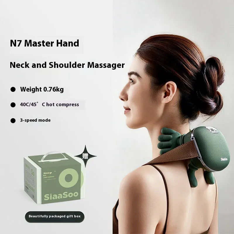 Electric neck and shoulder massager in moss green with 4D kneading and heat, cordless design