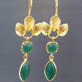 Gold-colour copper earrings with French leaves tassel design and water drop zircon elements