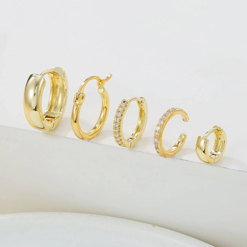 Geometric round ring earrings set of 5 for women, copper inlaid zircon, gold and white K colour options